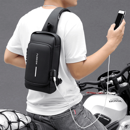 USB charging sport sling Anti-theft shoulder bag (Black Shape)