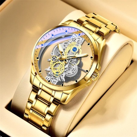 New Men Watch Skeleton quartz Watch Gold