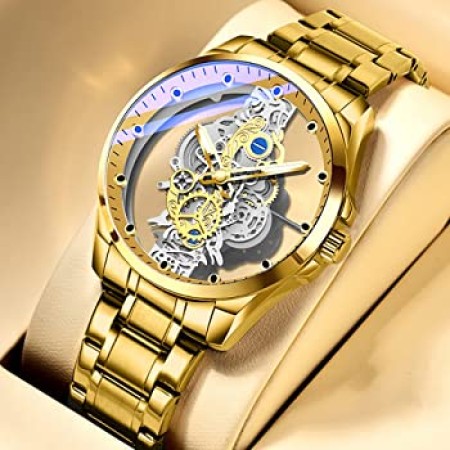 New Men Watch Skeleton quartz Watch Gold