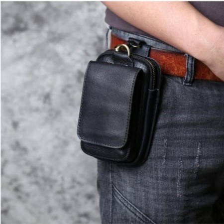 Genuine Leather Men's Waist Bag Top Layer Cowhide Fashion Hook Bag Leisure Belt Bag Cigarette Box 6.5-inch Mobile Phone Bag brown